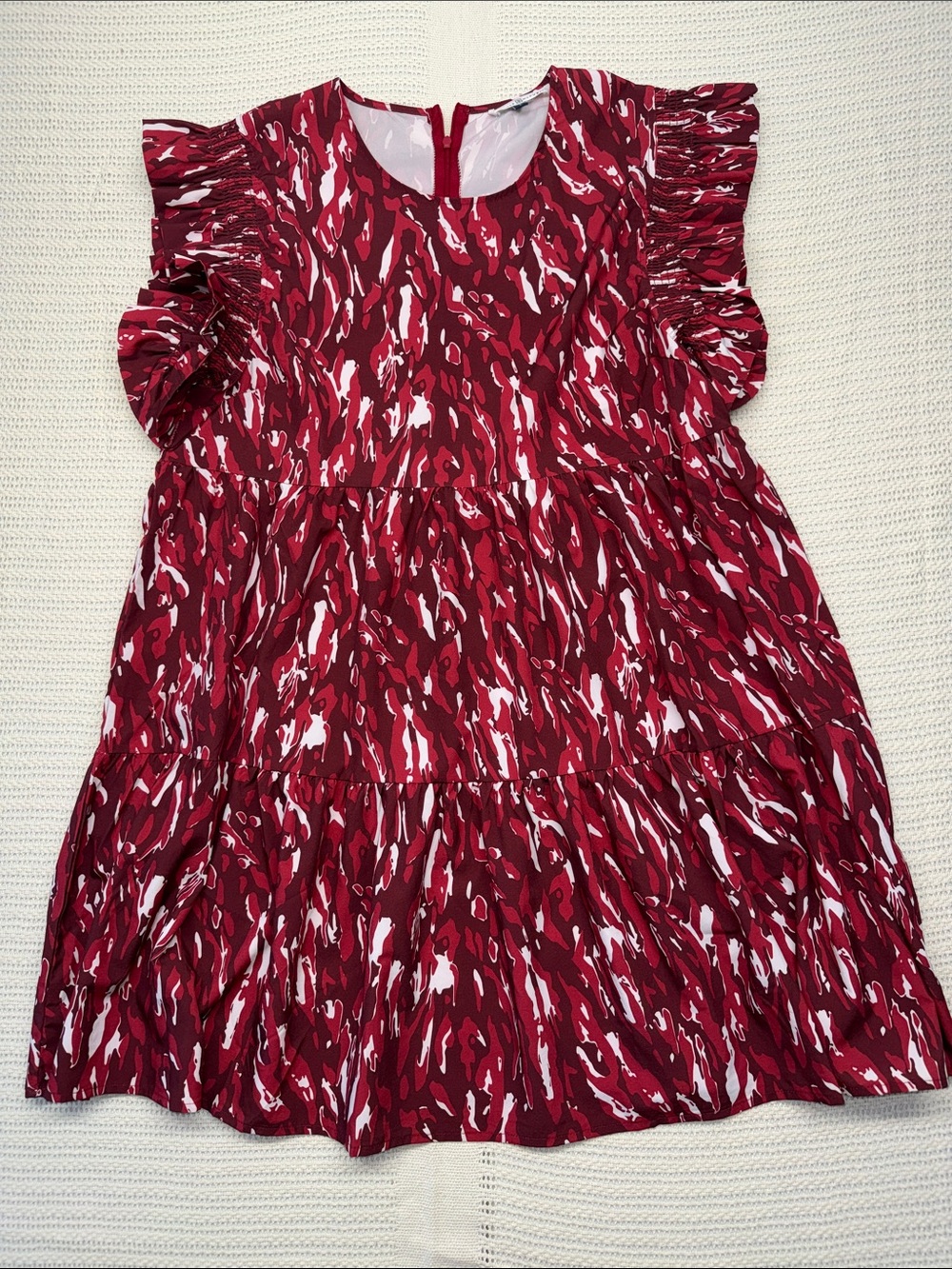 Women's Red Printed Tiered Dress with Ruffle Sleeves